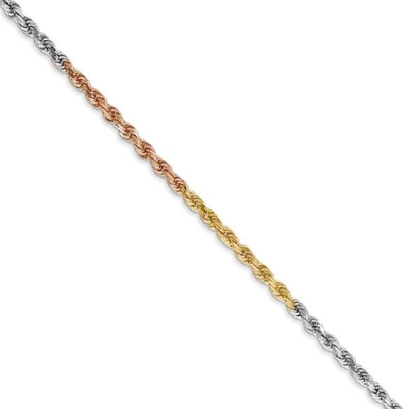 2.5mm 14k Tri-Color Gold D/C Solid Rope Chain Necklace 18 Inch